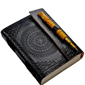 Handmade Black Leather Notebook with Wood Pen